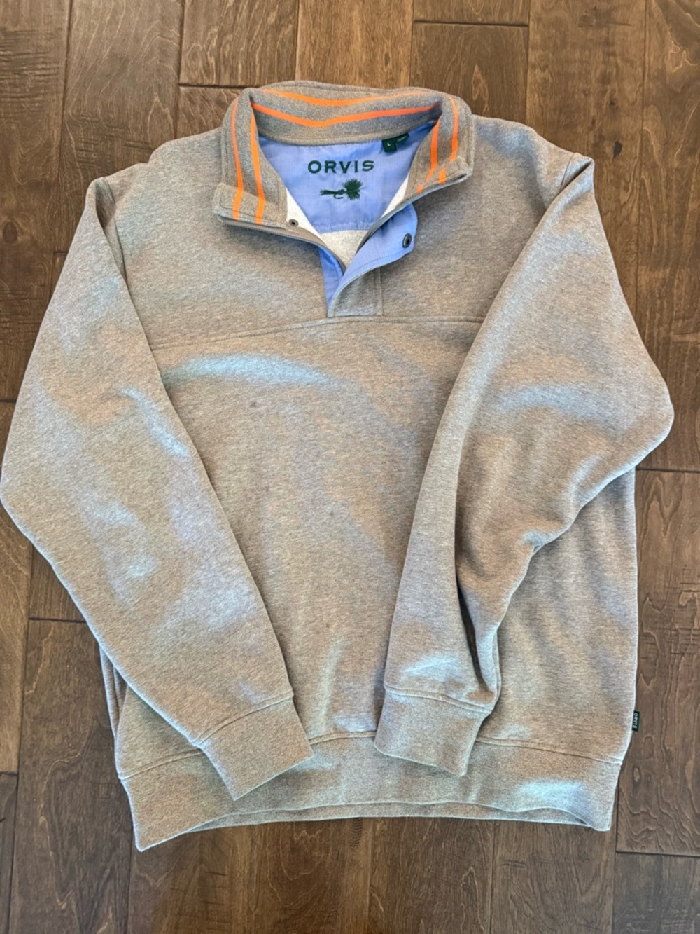 Orvis Men's Light Gray Zip-Up Sweater with Blue and Orange Trim